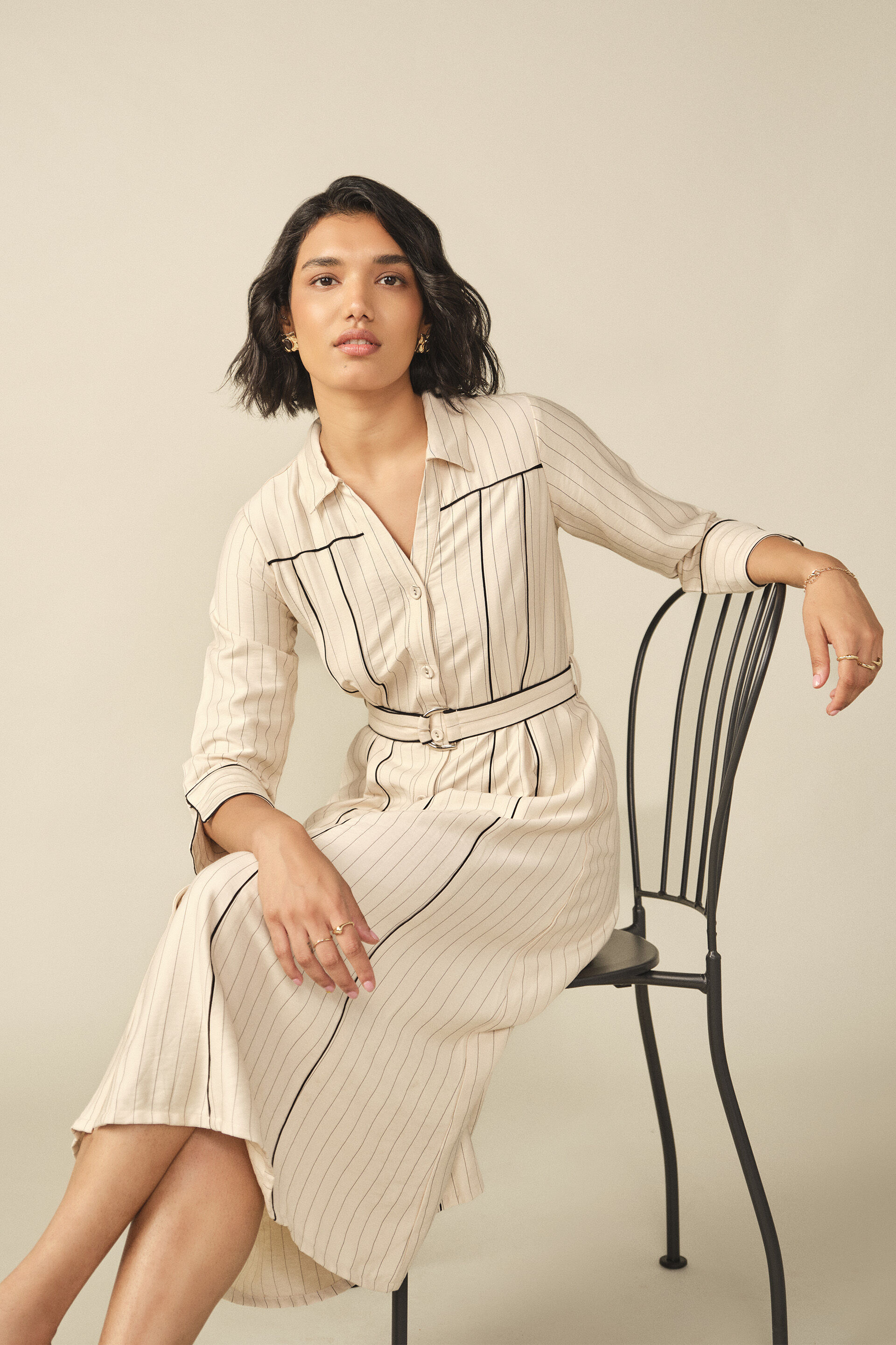 Tie-up Pinstripe Midi Dress in Cream